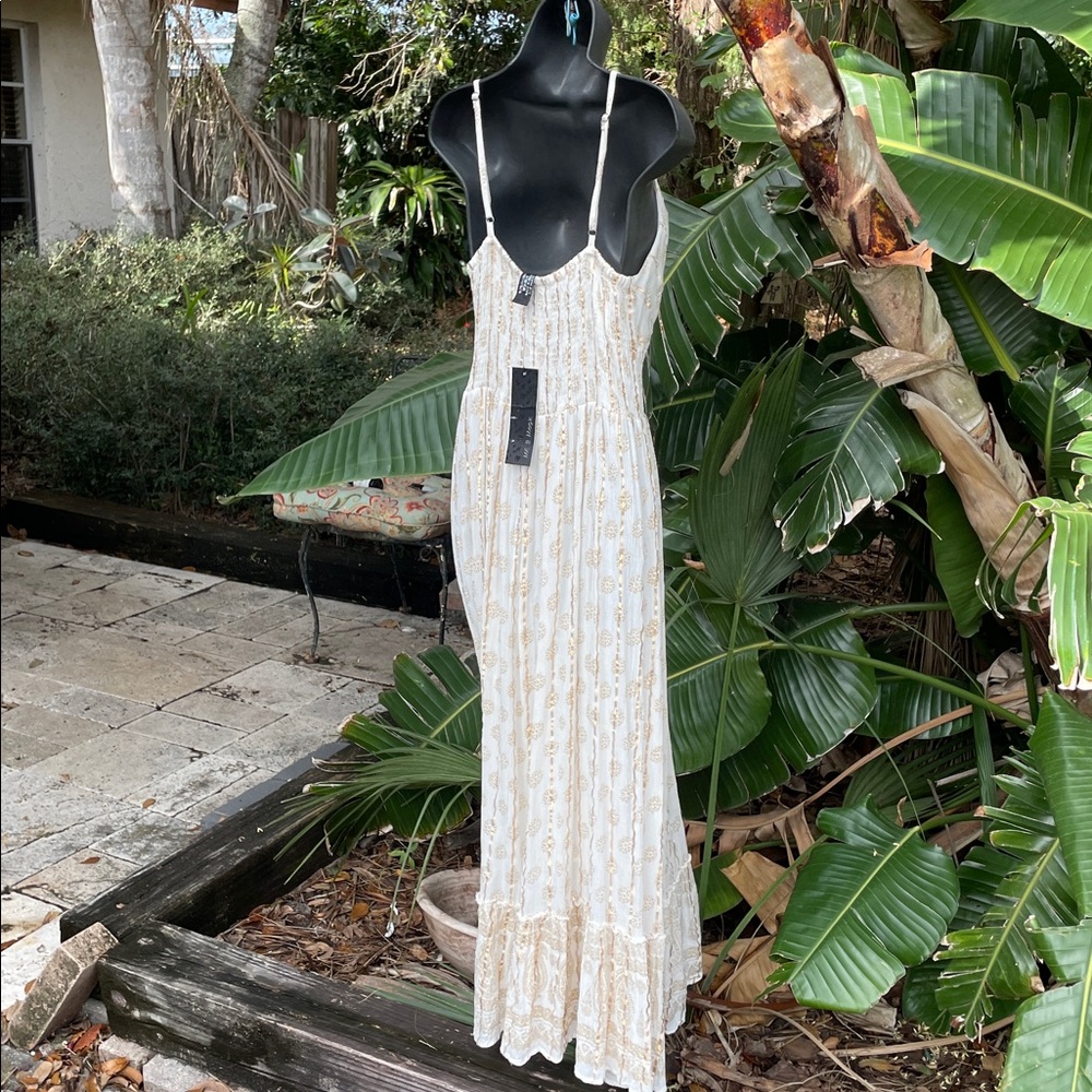 Gold, striped sequin lace ruffled, maxi sundress - Picture 5 of 9